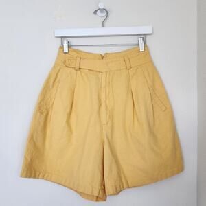 Vintage 80s Baccini Yellow Ramie Cotton High Waist Shorts Pleated Belted Size 4
